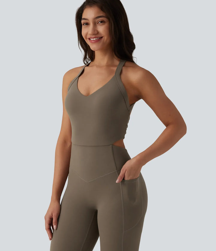 Halara UltraSculpt Twisted Backless Tummy Control Butt Lifting Bootcut Workout Jumpsuit with Pockets-Easy Peezy Edition