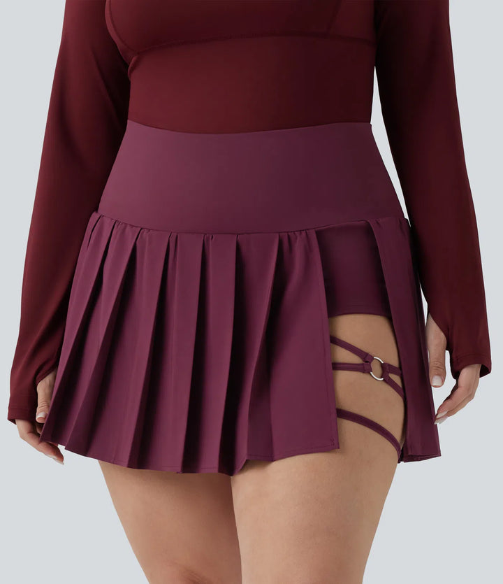 Plus Size Breezeful High Waisted Pleated 2-in-1 Asymmetric Hem Quick Dry Mini Yoga Skirt with Pockets