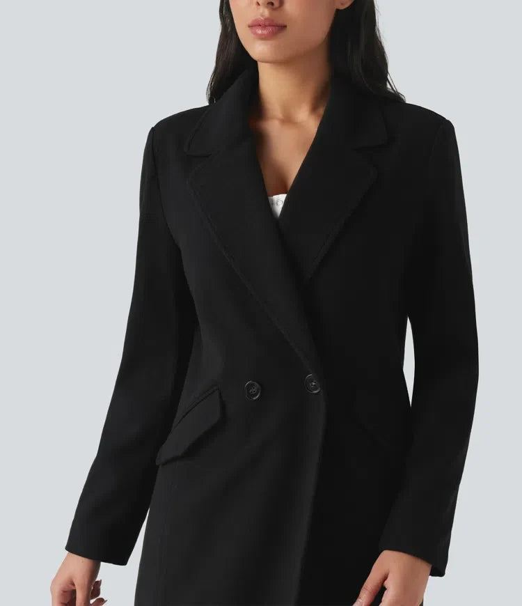 Notched Collar Long Sleeve Longline Fleece Casual Coat with Pockets