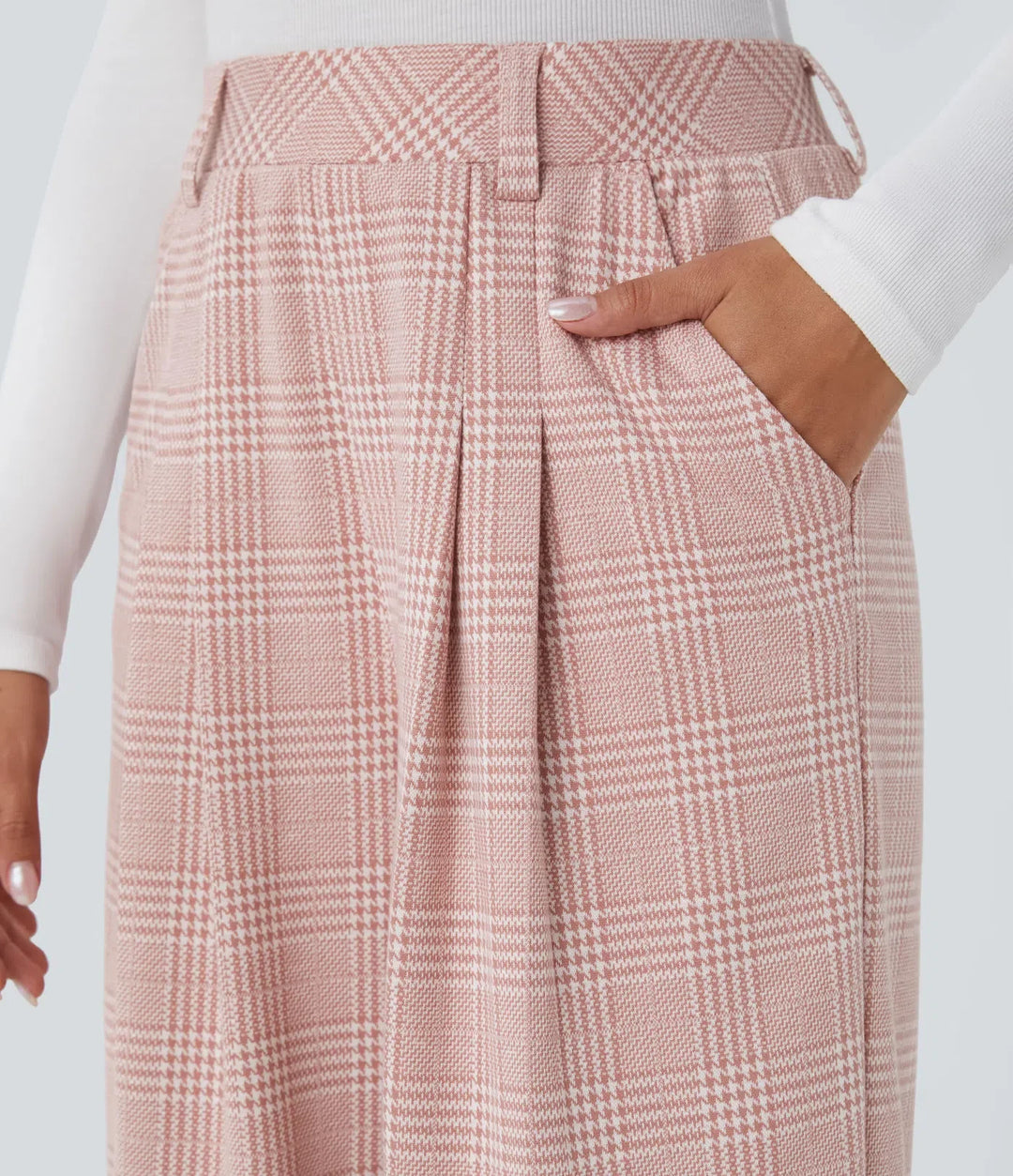 High Waisted Pocket Wide Leg Baggy Houndstooth Plaid Casual Trousers