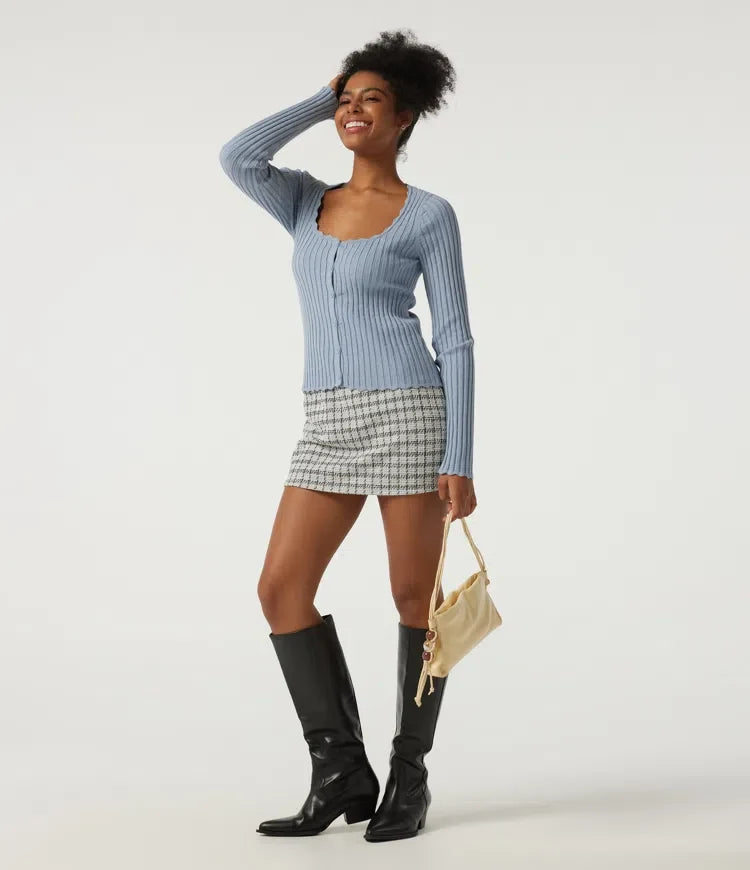 Ribbed Knit Square Neck Long Sleeve Casual Jumper