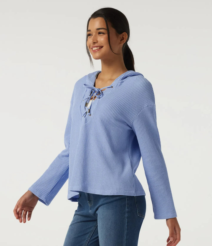 Hooded Long Sleeve Lace Up Waffle Casual Sweatshirt