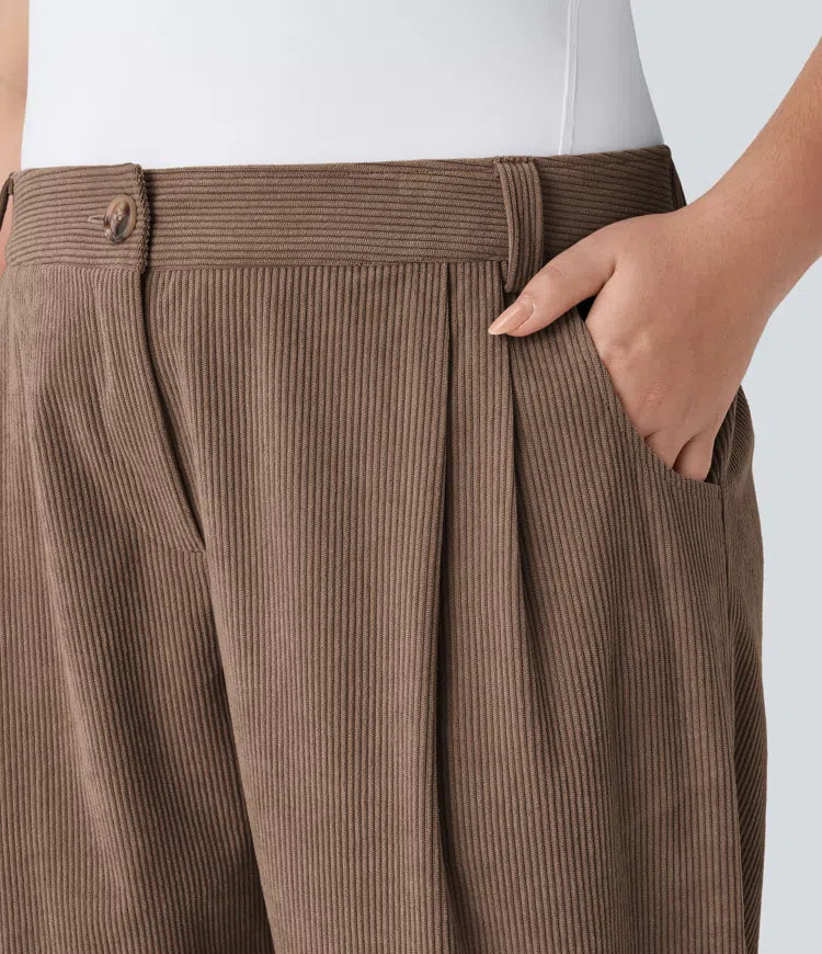 Mid Rise Zipper Pocket Plus Size Corduroy Casual Trousers