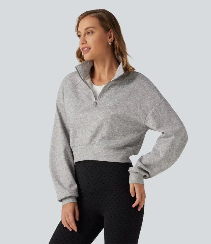Stand Collar Half-Zip Raglan Long Sleeve Casual Cropped Sweatshirt