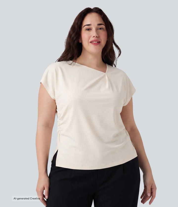 Plus Size Asymmetric Cowl Neck Short Sleeve Ruched Split Hem Work Blouse
