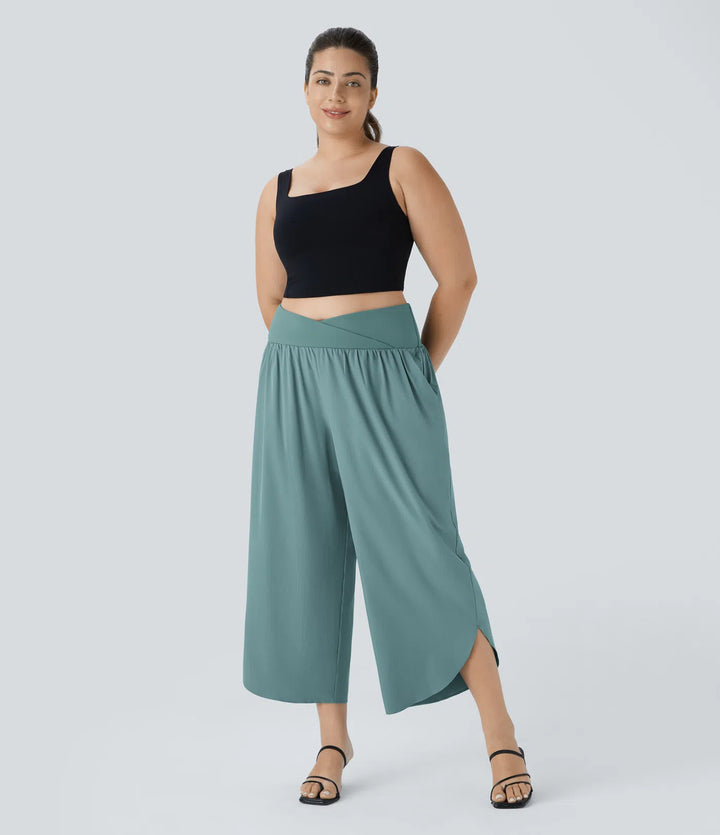 Breezeful High Waisted Crossover Side Pocket Split Quick Dry Resort Plus Size Trousers