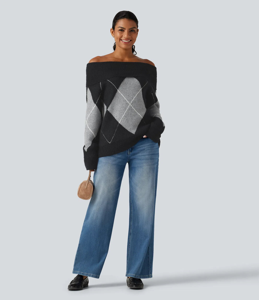 Off Shoulder Long Sleeve Gingham Casual Jumper