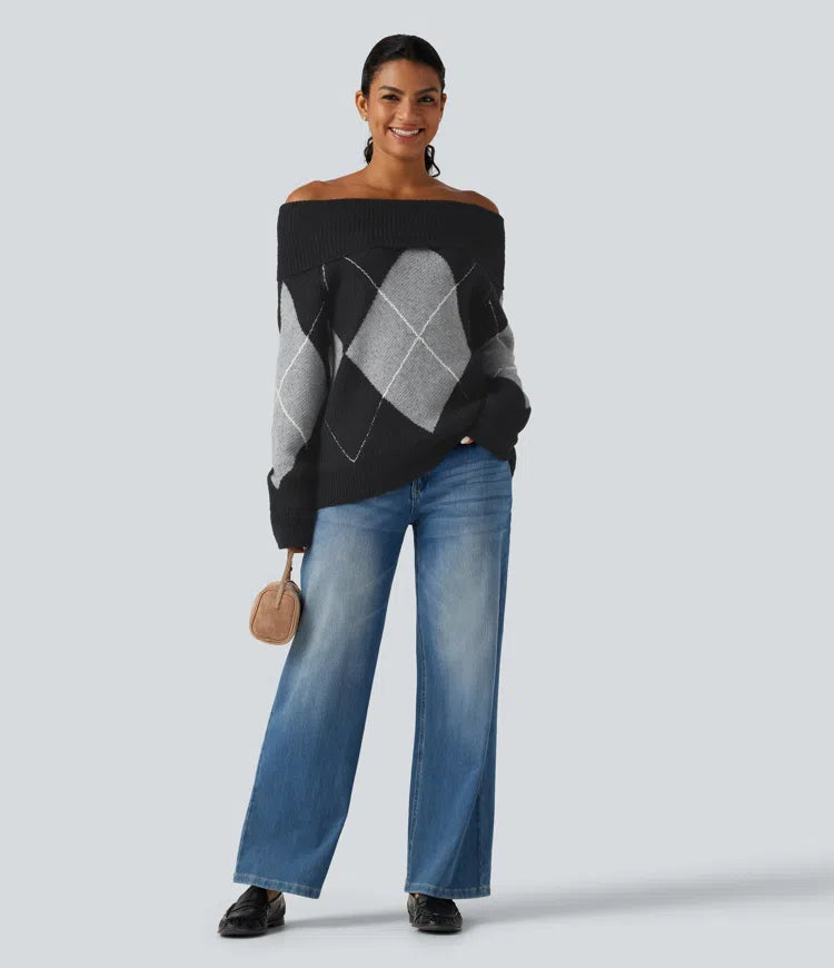 Off Shoulder Long Sleeve Gingham Casual Jumper