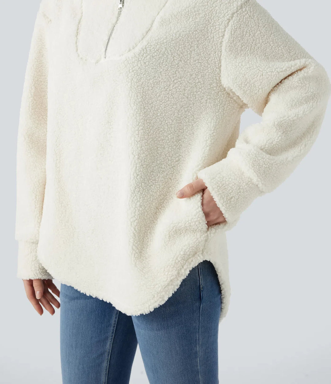 Hooded Half Zipper Curved Hem Oversized Casual Sherpa Sweatshirt with Pockets