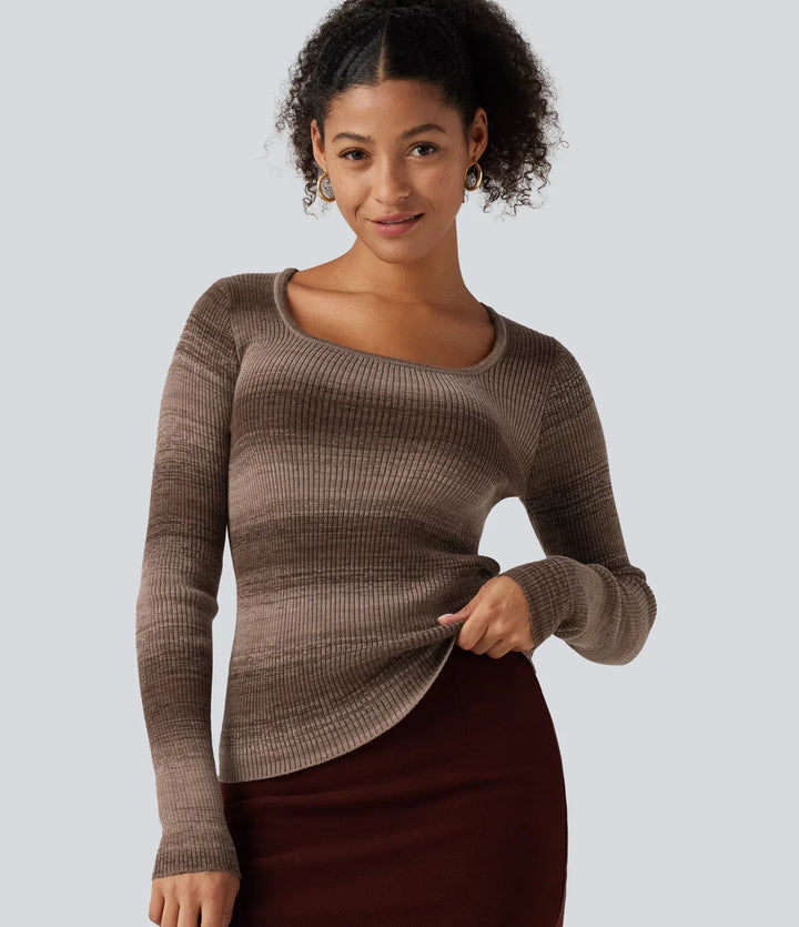 Square Neck Long Sleeve Gradient Stirpe Casual Jumper