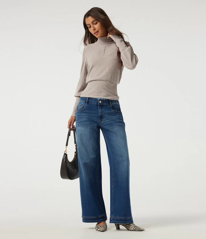 Ribbed Knit High Neck Puff Long Sleeve Ruched Casual Top