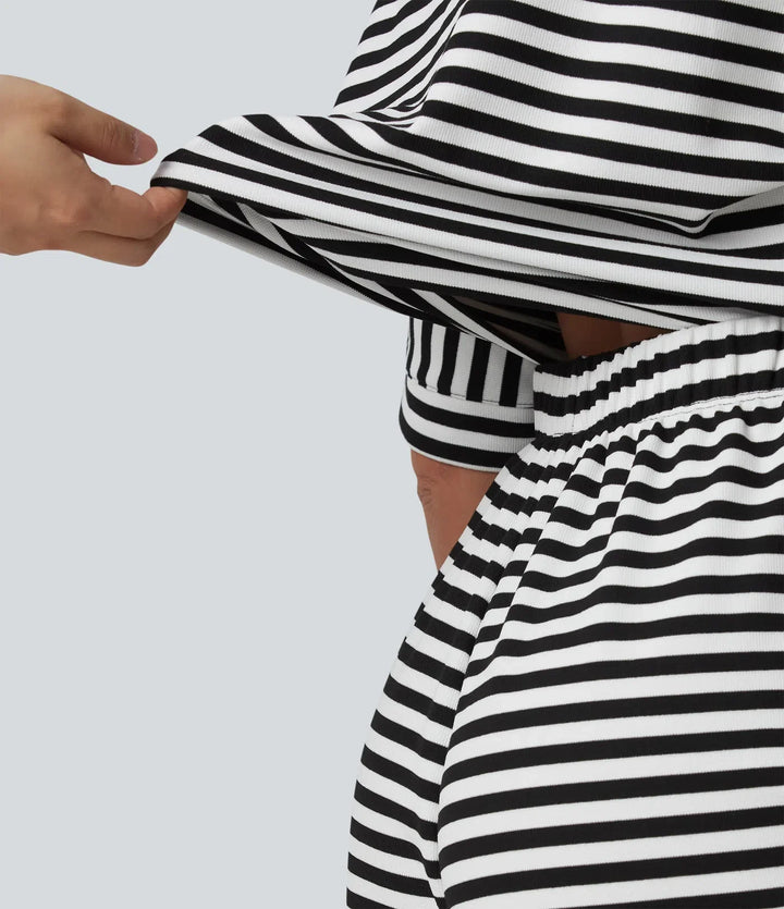 Half Sleeve Belted Stripe Waffle Casual Romper with Pockets-Easy Peezy Edition