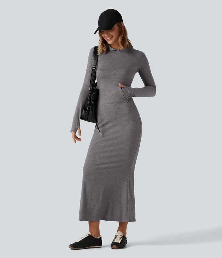 Hooded Long Sleeve Thumb Hole A-Line Maxi Casual Dress with Pocket