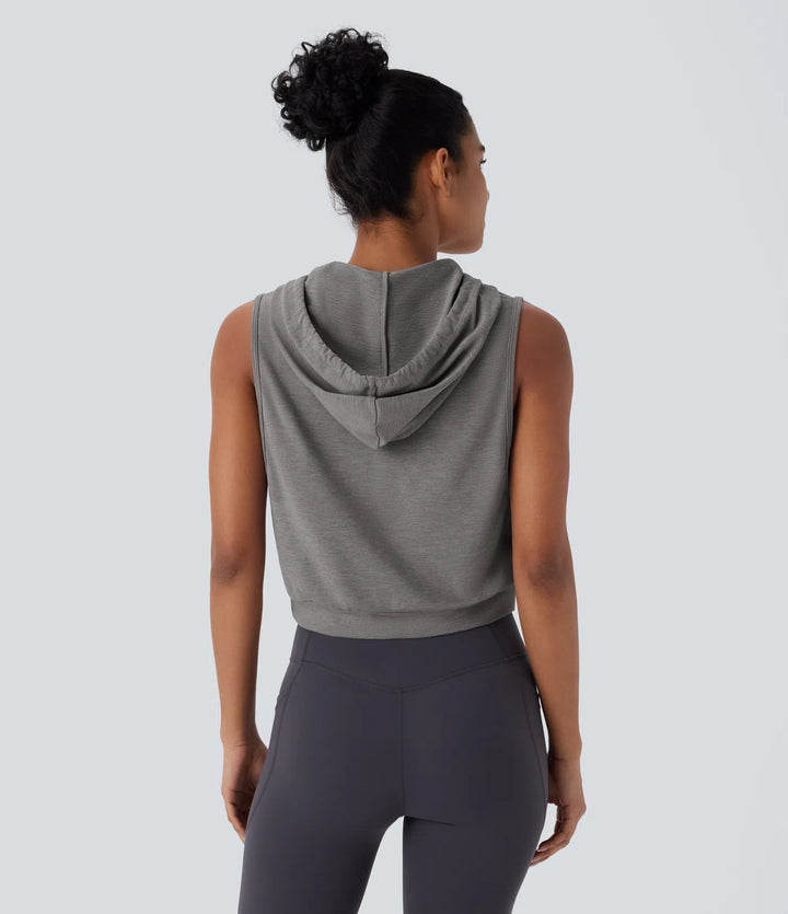 Hooded Drawstring Sleeveless Cropped Running Tank Vest Top