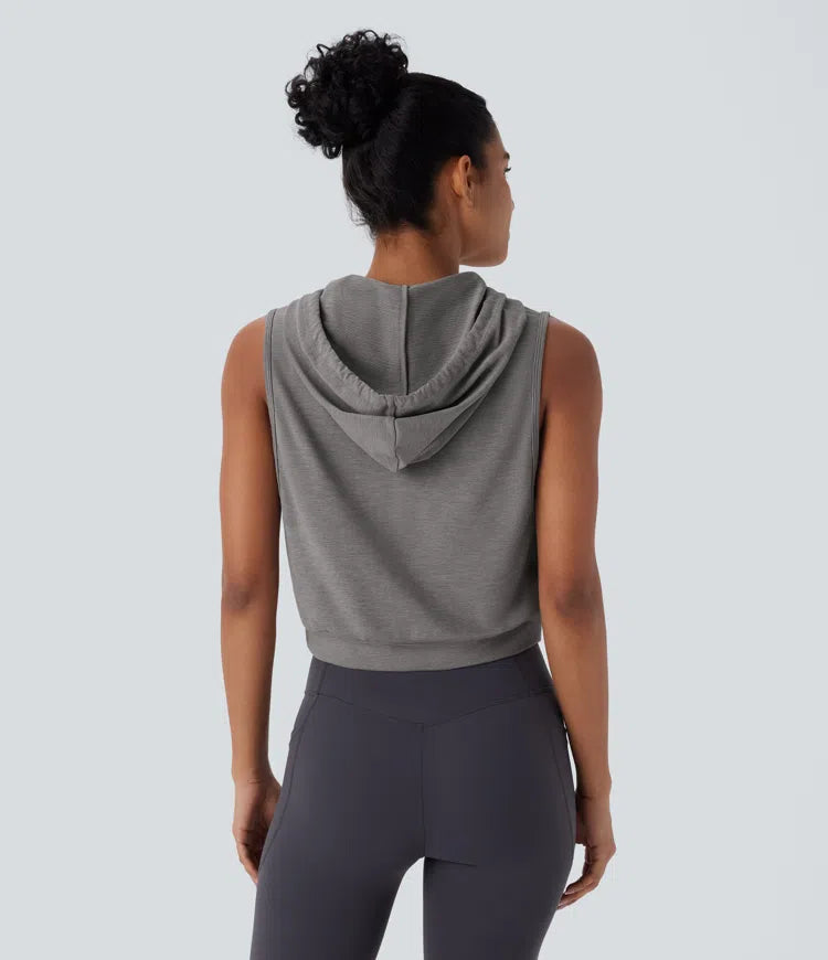 Hooded Drawstring Sleeveless Cropped Running Tank Vest Top