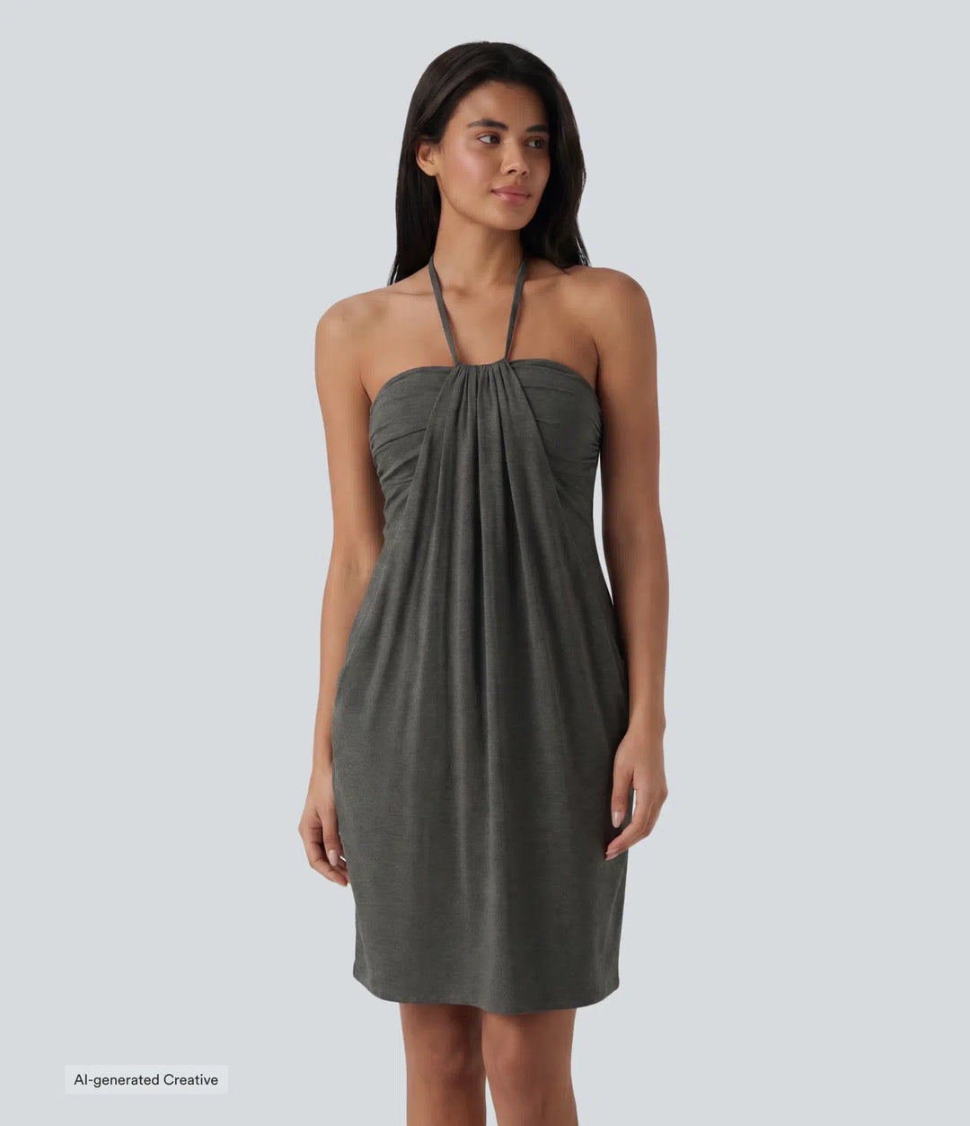 Halter Tie Back Built-in Bra Longer Mini Dress with Pockets