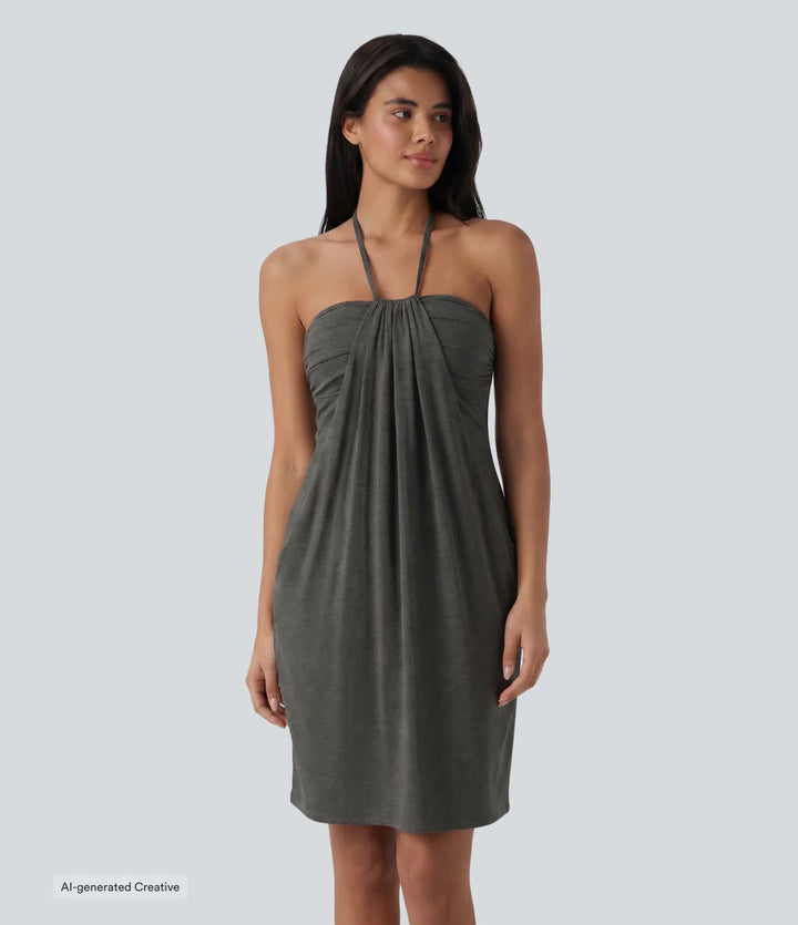 Halter Tie Back Built-in Bra Longer Mini Dress with Pockets