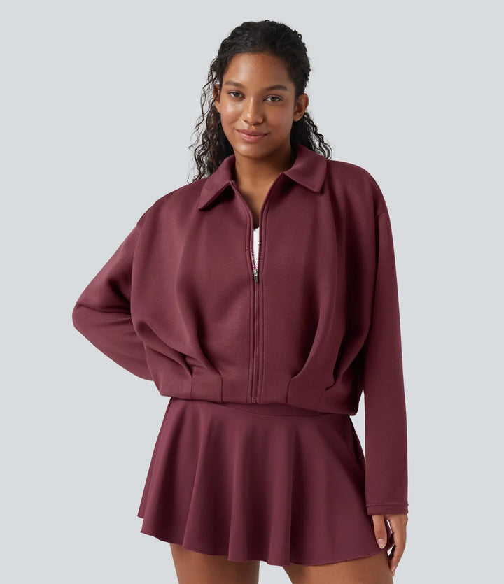 SpacerTek Collar Long Sleeve Pleated Zip Fly Casual Jacket