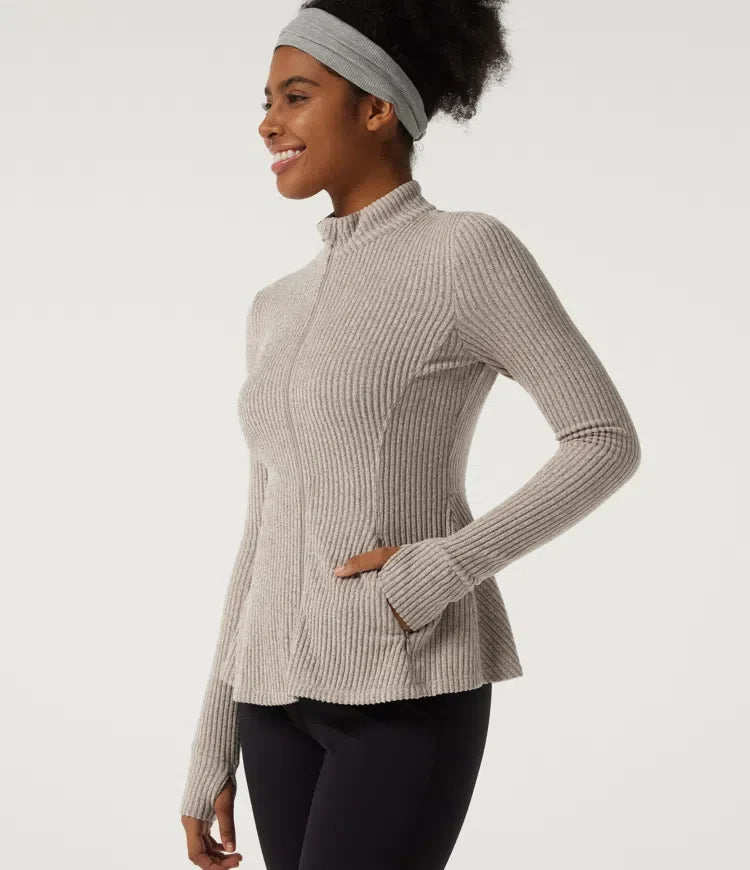 Ribbed Knit Mock Neck Long Sleeve Yoga Track Jacket with Pockets