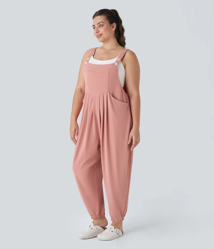 Adjustable Strap Button Multiple Pockets Waffle Casual Plus Size Jogger Dungarees