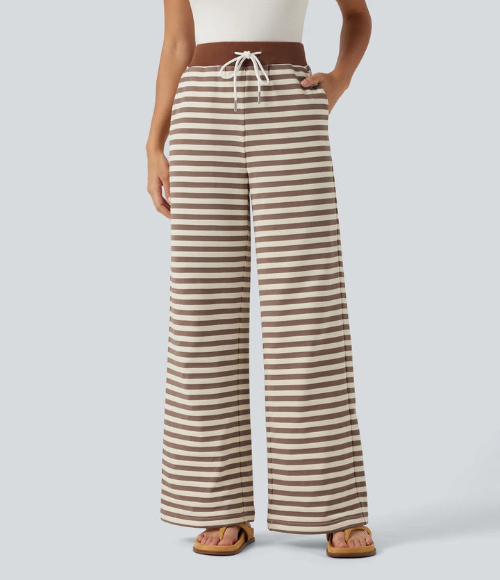 Mid Rise Drawstring Stripe Wide Leg Lounging Sweattrousers with Pockets