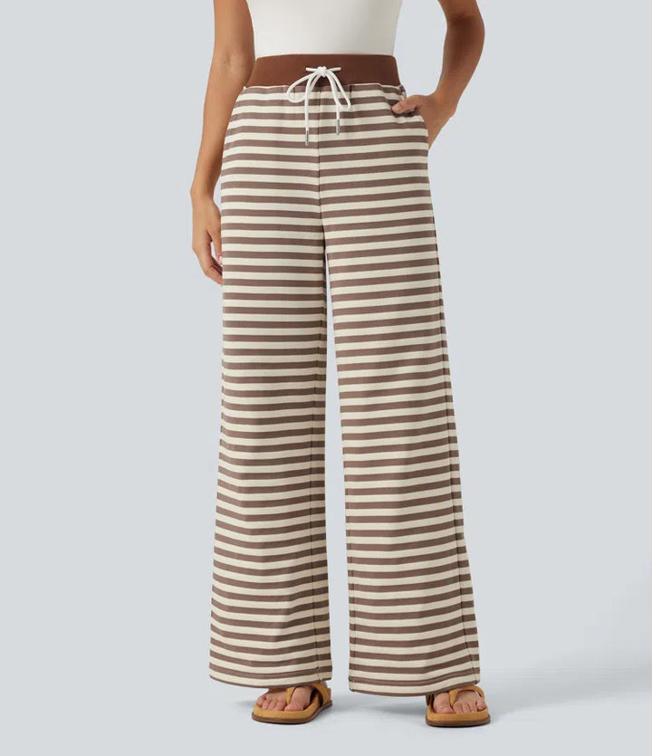 Mid Rise Drawstring Stripe Wide Leg Lounging Sweattrousers with Pockets
