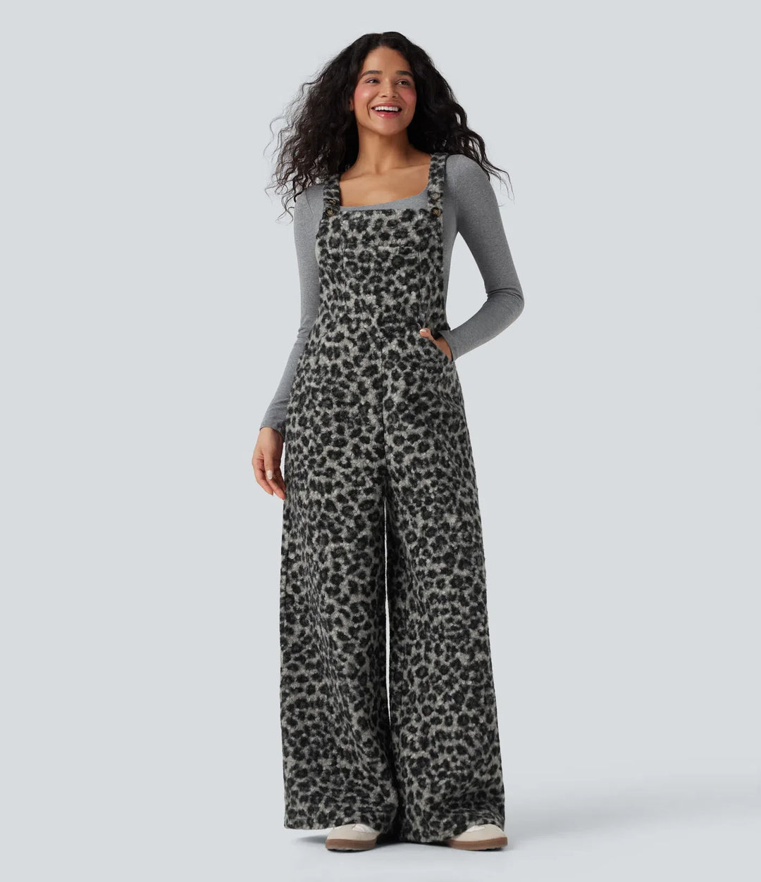 Square Neck Leopard Print Teddy Casual Baggy Overalls with Pockets