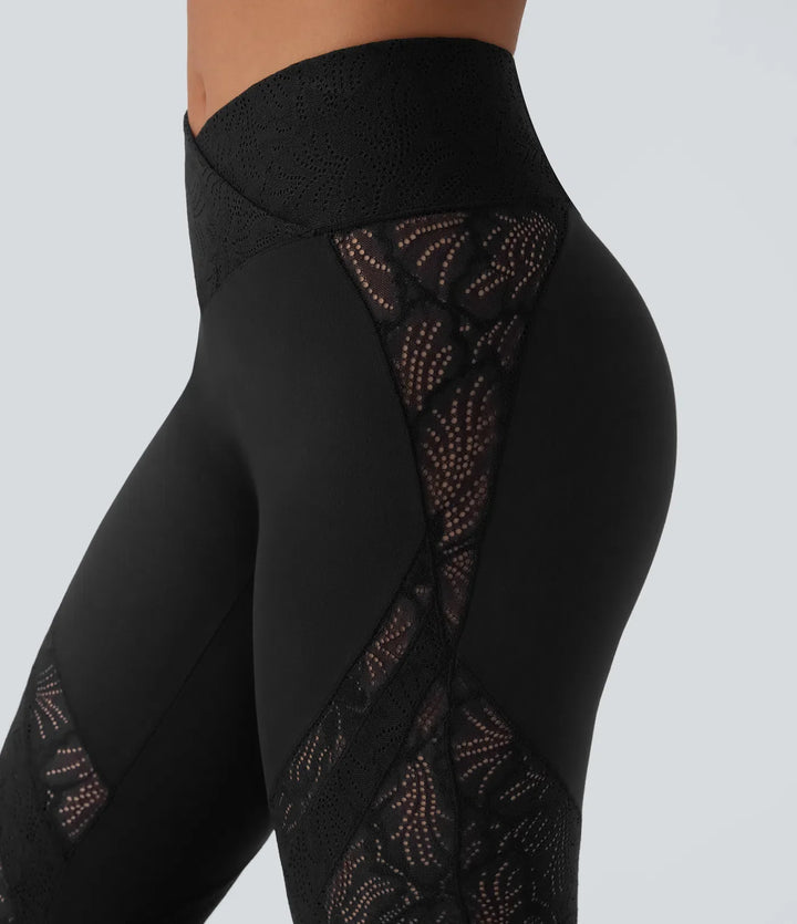 SoftlyZero High Waisted Crossover Pocket Contrast Lace Flare Yoga Leggings