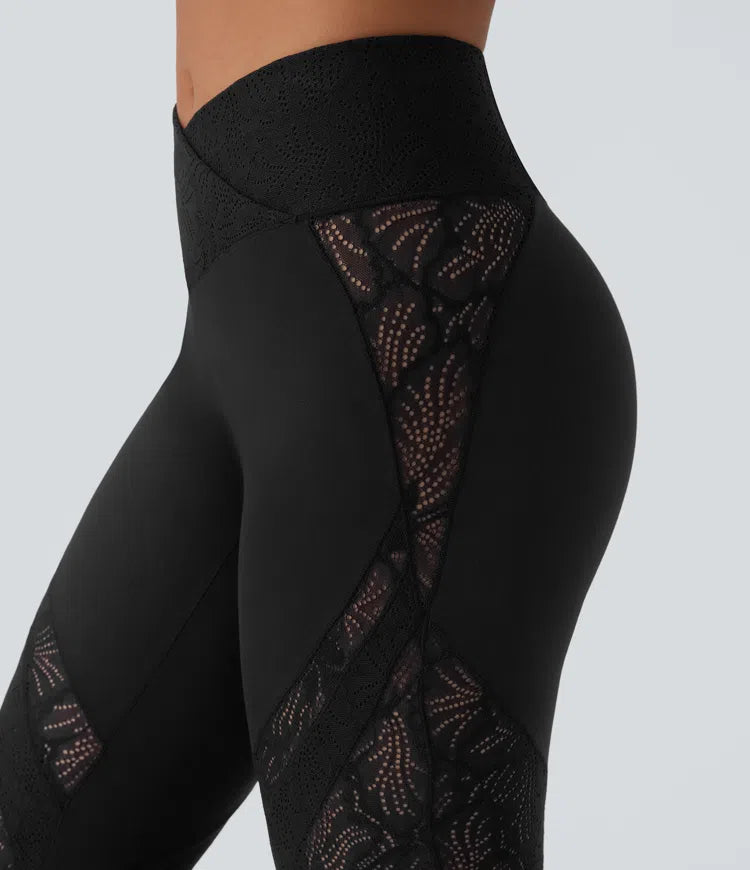 Softlyzero High Waisted Crossover Back Pocket Contrast Lace Flared Yoga Leggings