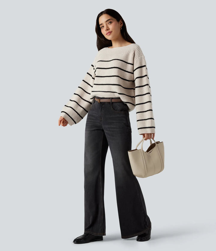 Boat Neck Long Sleeve Stripes Work Jumper