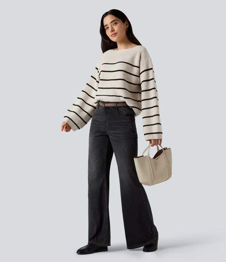 Boat Neck Long Sleeve Stripes Work Jumper