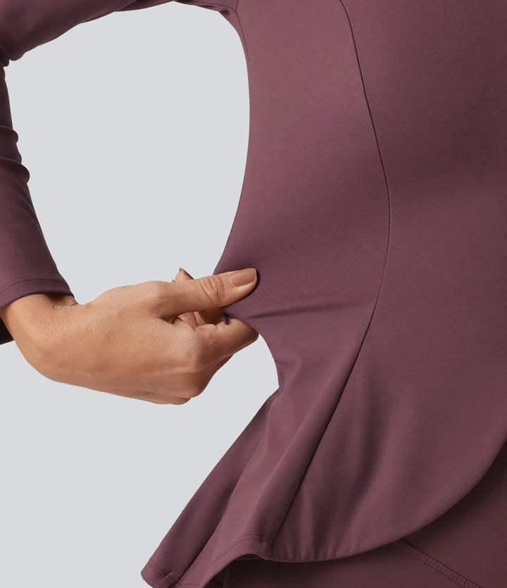 SoftlyZero Plush V Neck Long Sleeve Slim Ruffle Hem Yoga Jacket with Pockets