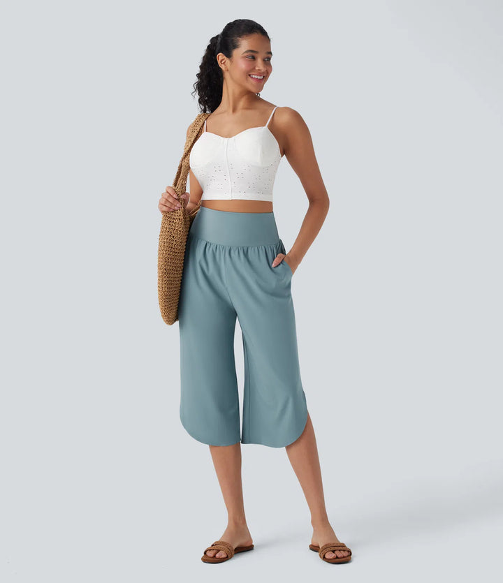 Breezeful High Waisted Tummy Control Hem Quick Dry Capri Trousers with Pockets