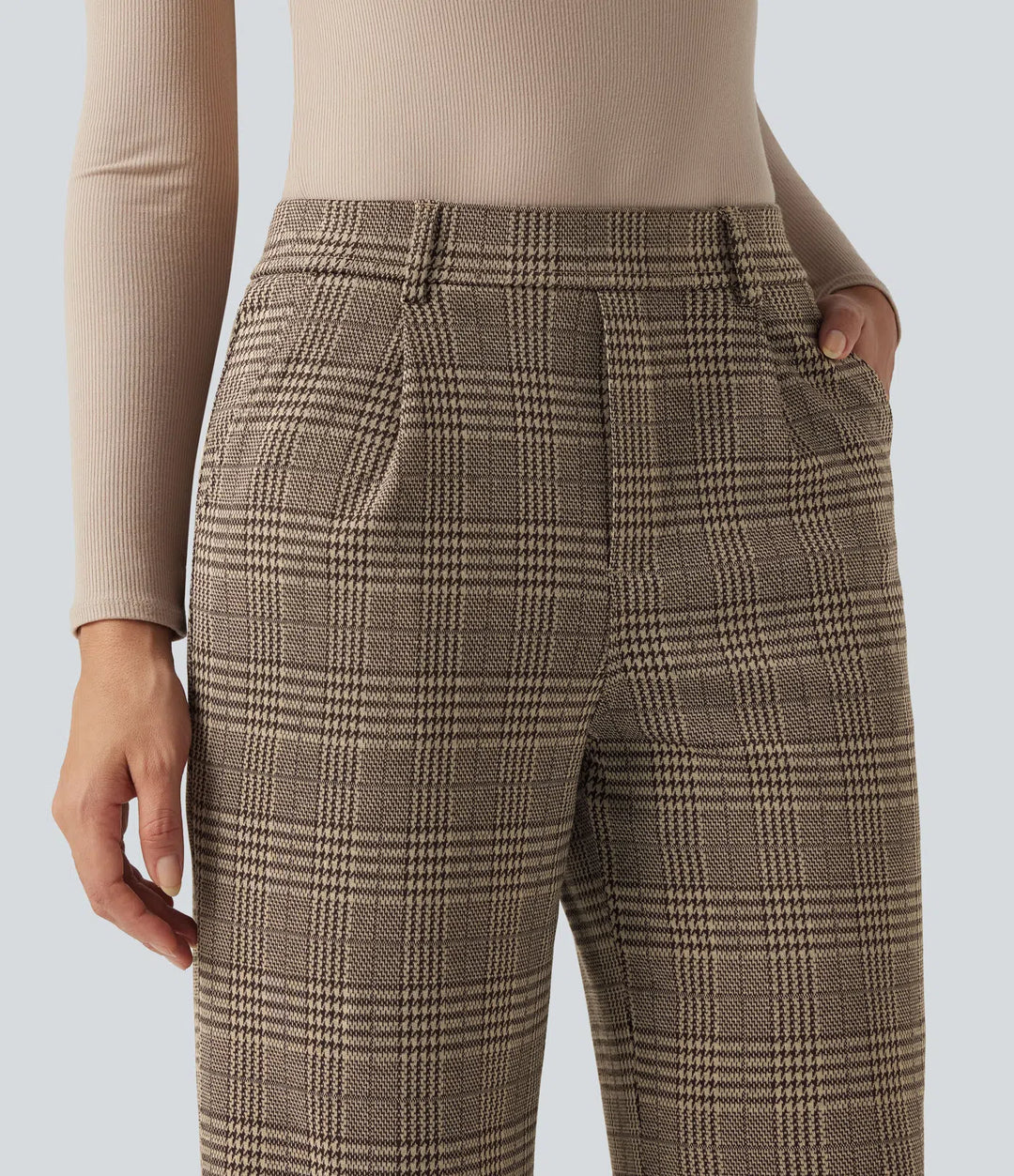 Halara Flex High Waisted Straight Leg Houndstooth Plaid Work Trousers with Pockets