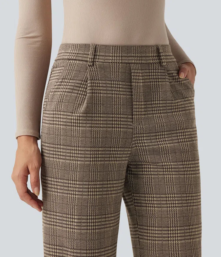 Halara Flex High Waisted Straight Leg Houndstooth Plaid Work Trousers with Pockets