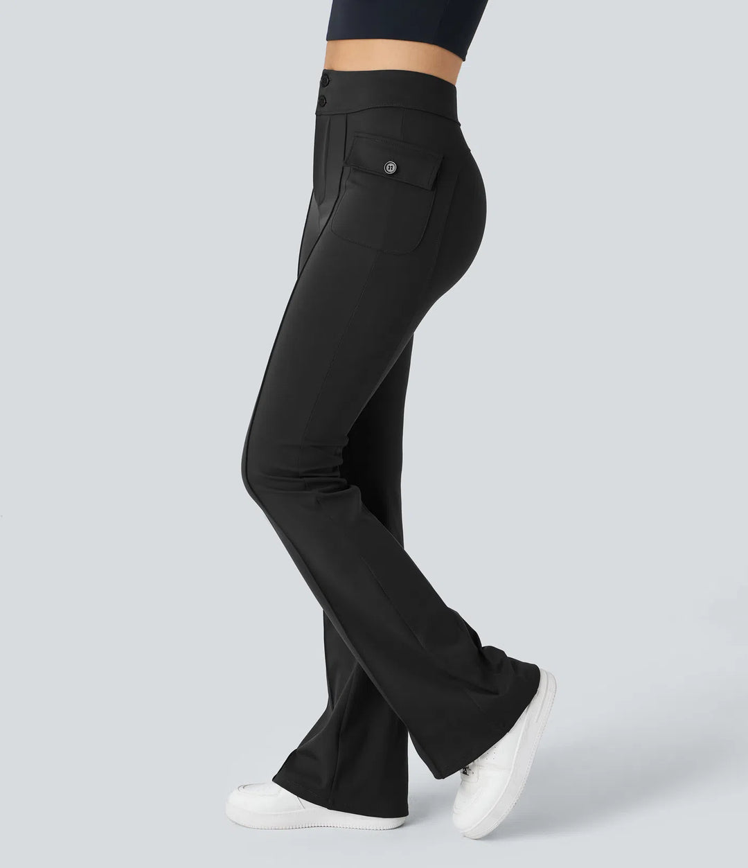 High Waisted Side Flap Pocket Flare Casual Cargo Trousers