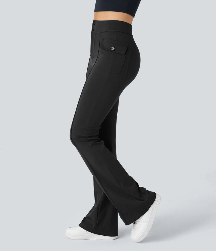 High Waisted Side Flap Pocket Flare Casual Cargo Trousers