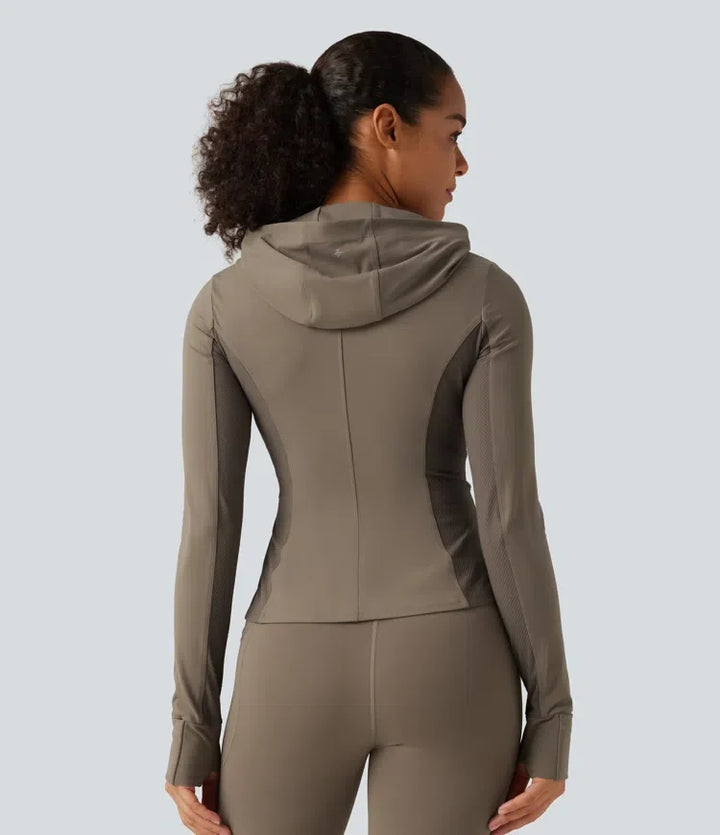 Halara UltraSculpt Hooded Long Sleeve Ruffle Hem Yoga Track Jacket with Pockets and  Thumb Holes
