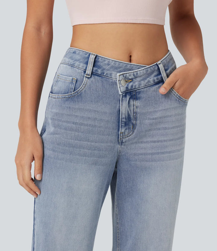 Halara Flex Asymmetric Mid Rise Straight Leg Casual Jeans with Pockets