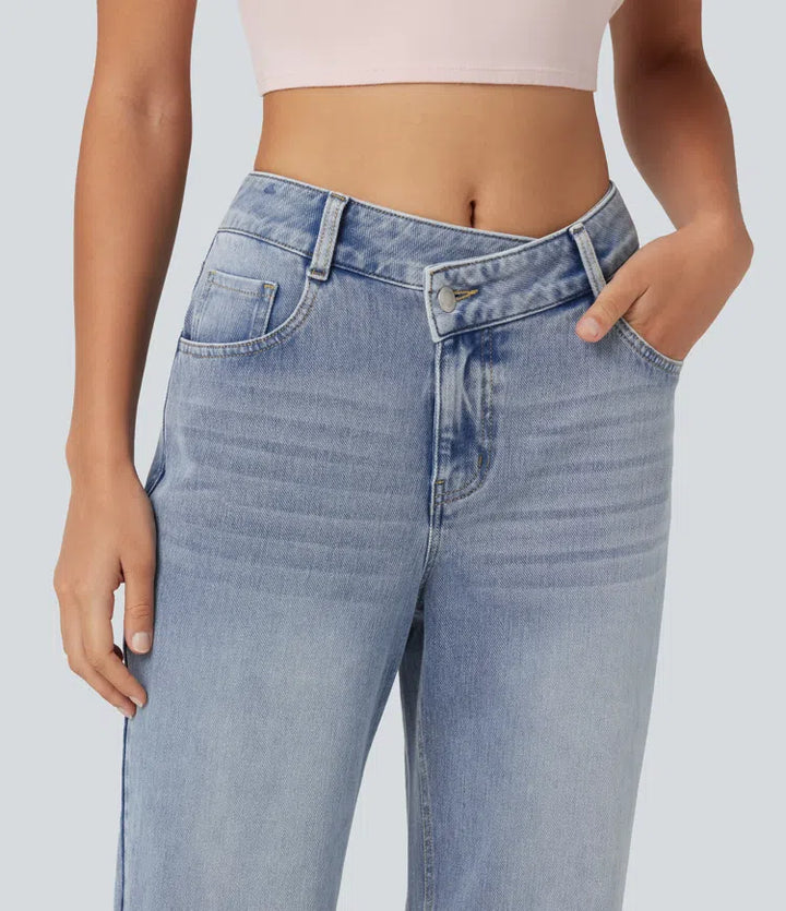 Halara Flex Asymmetric Mid Rise Straight Leg Casual Jeans with Pockets