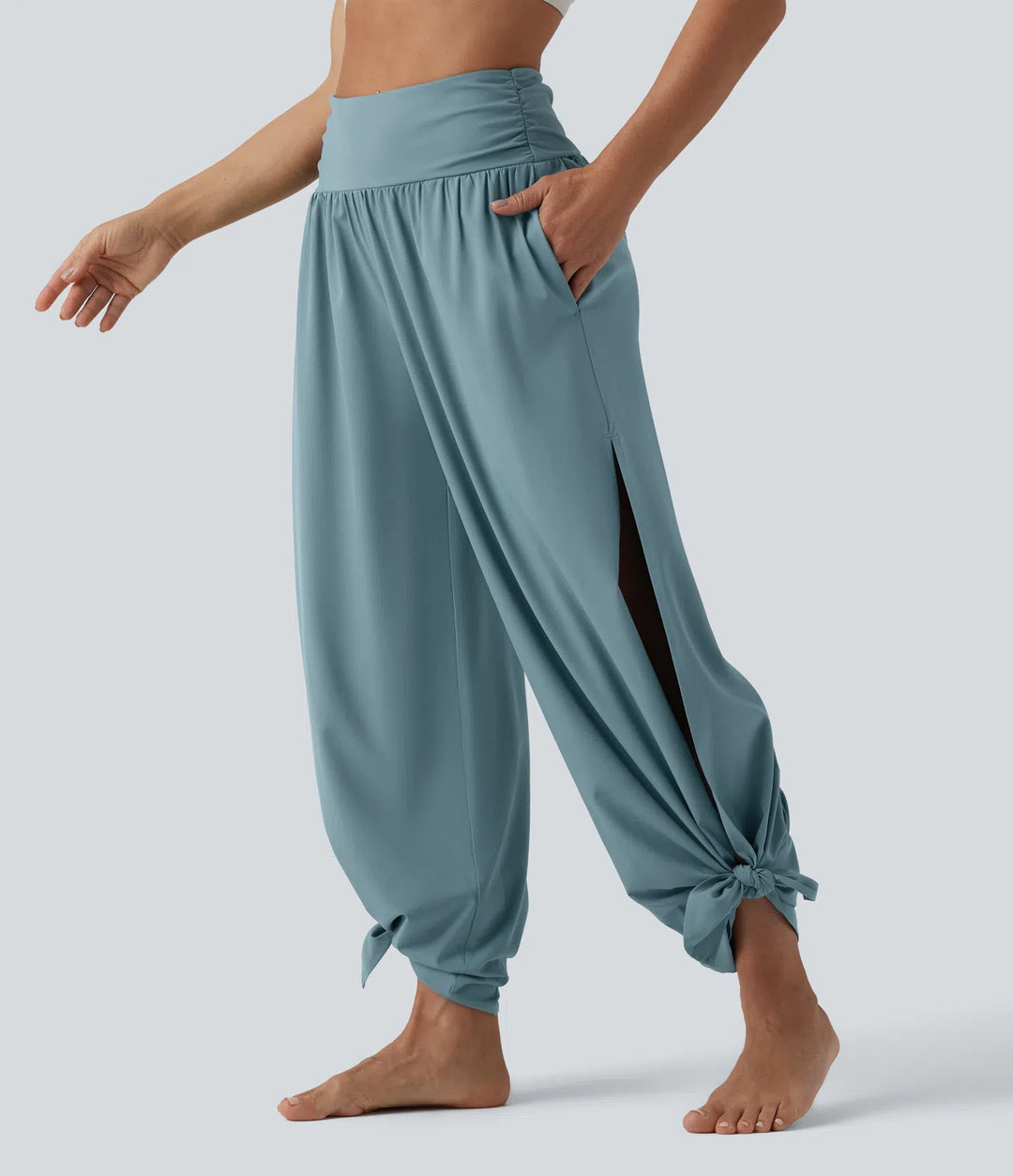 Breezeful High Waisted Ruched Split Quick Dry Resort Flowy Trousers with Pockets