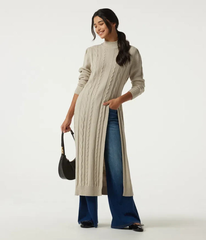 Mock Neck Long Sleeve Cable Stitch Casual Midi Jumper Dress