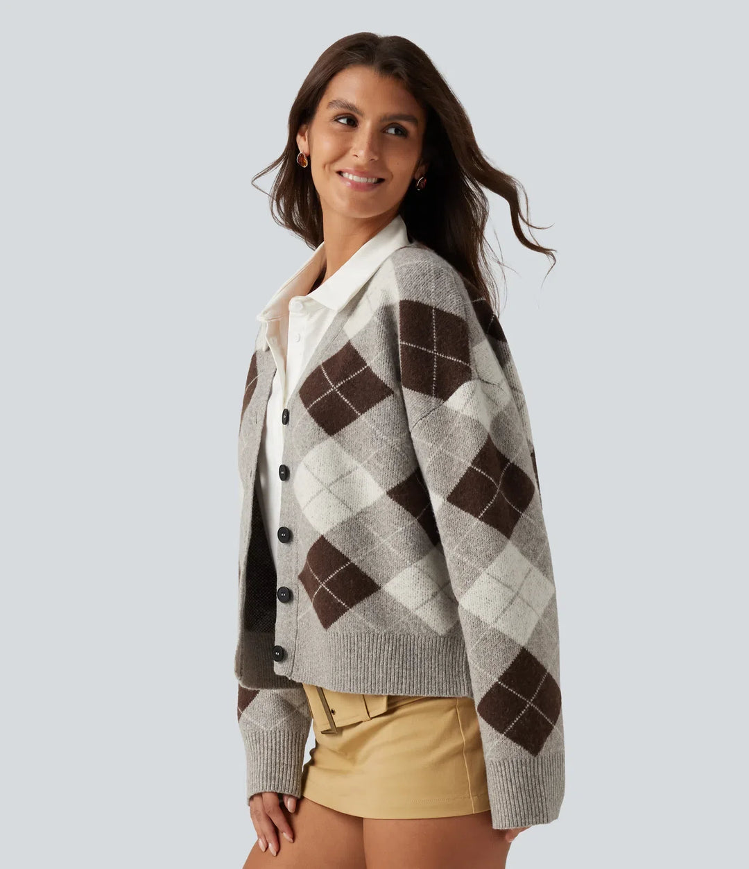 V Neck Long Sleeve Plaid Casual Cardigan