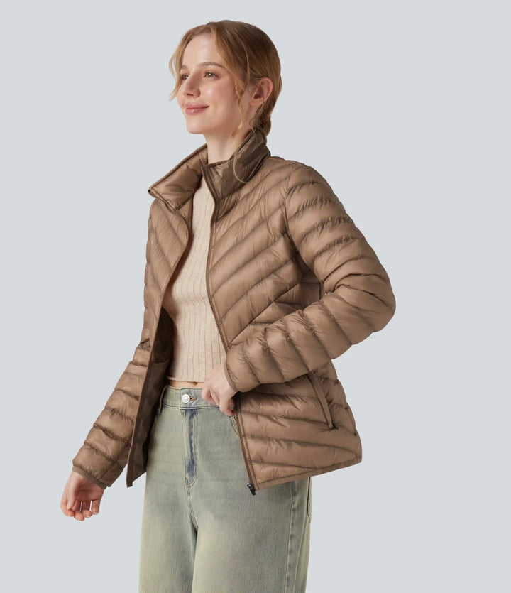 Packable Stand Collar Long Sleeve Zipper Casual Synthetic Down Jacket with Pockets