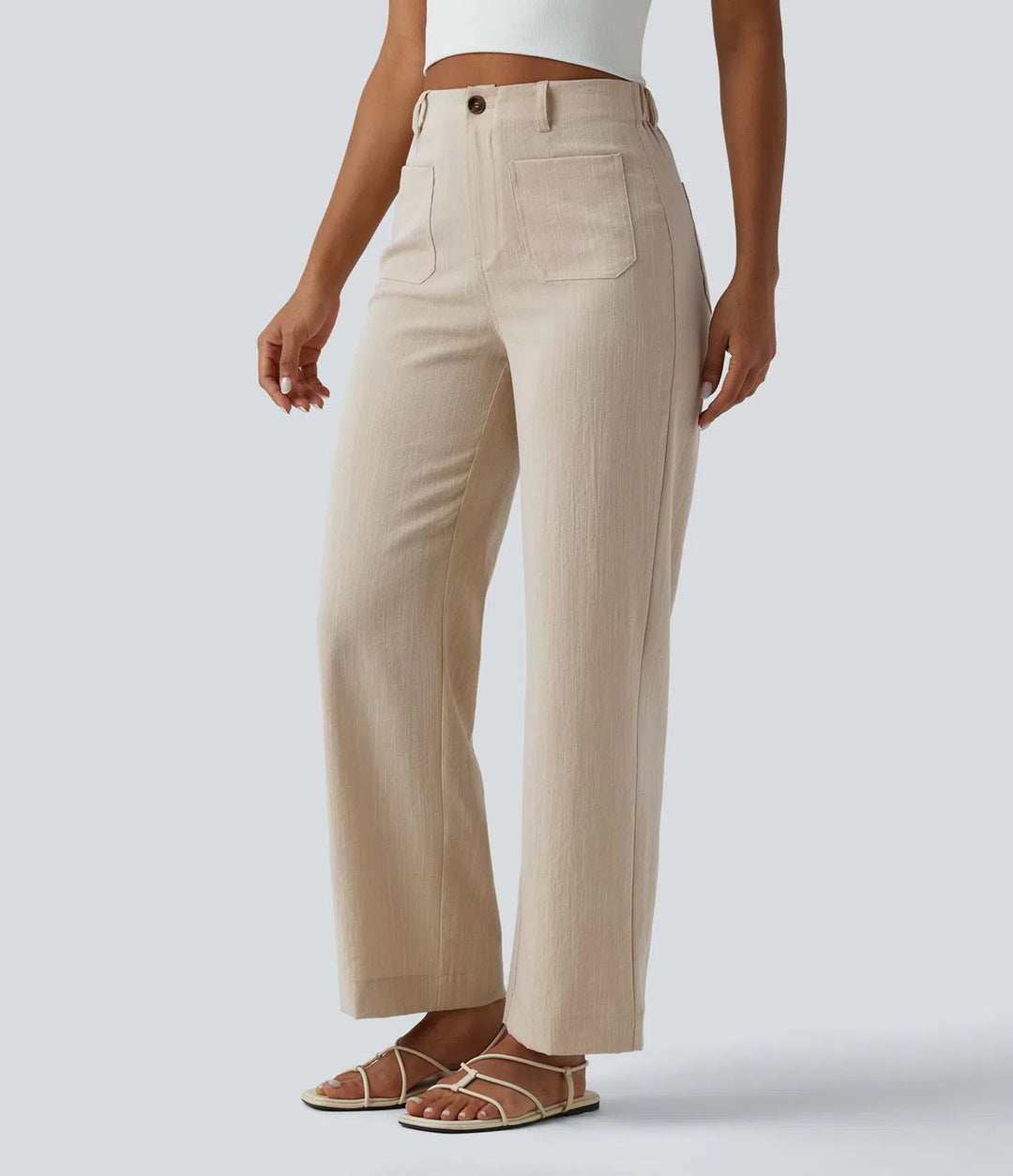 High Waisted Straight Leg Casual Linen-Feel Trousers with Pockets
