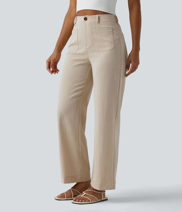 High Waisted Straight Leg Casual Linen-Feel Trousers with Pockets