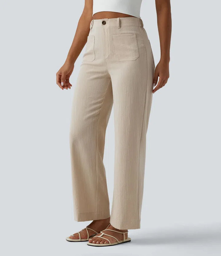 High Waisted Straight Leg Casual Linen-Feel Trousers with Pockets