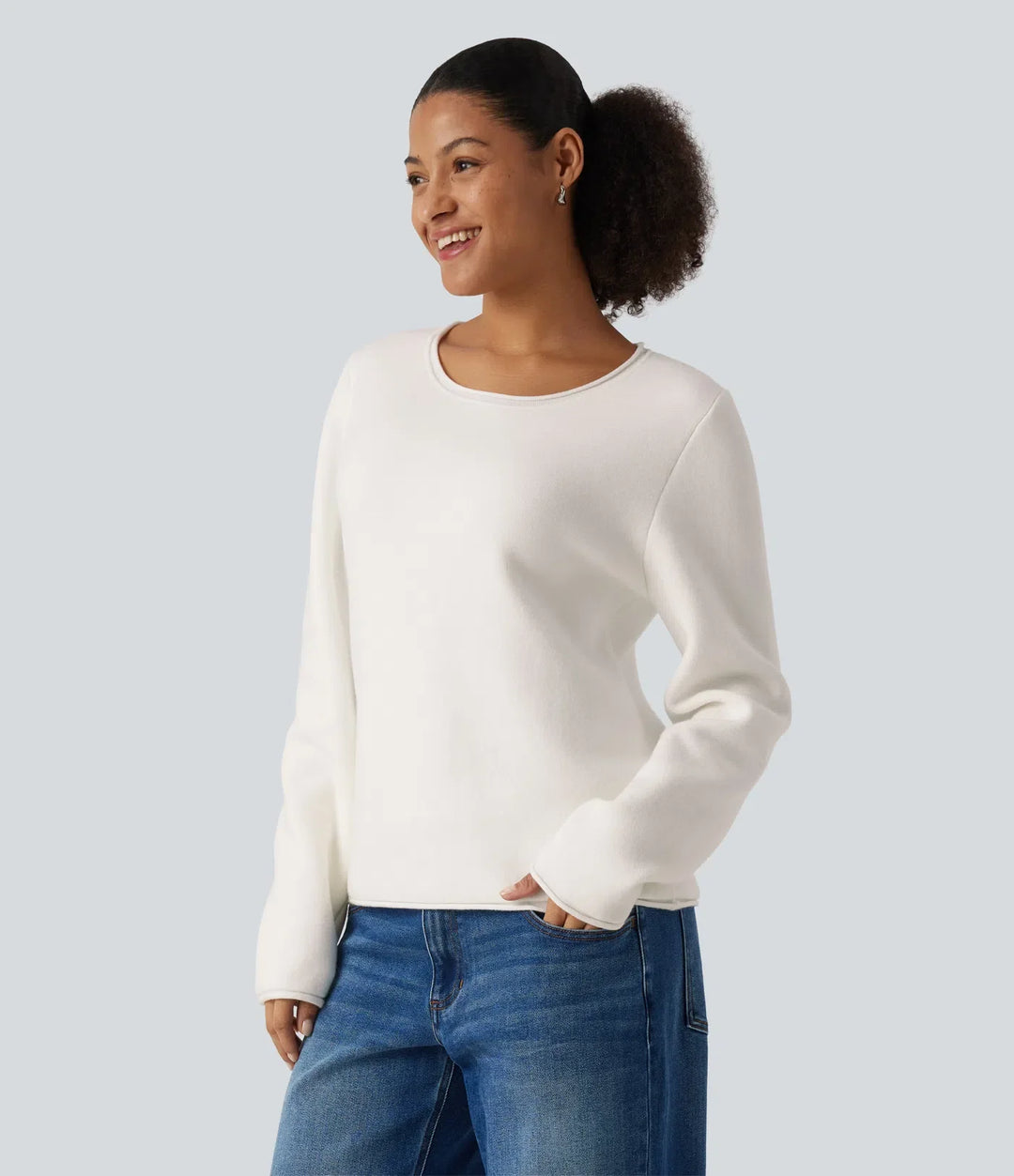 Round Neck Dropped Shoulder Long Sleeve Jumper