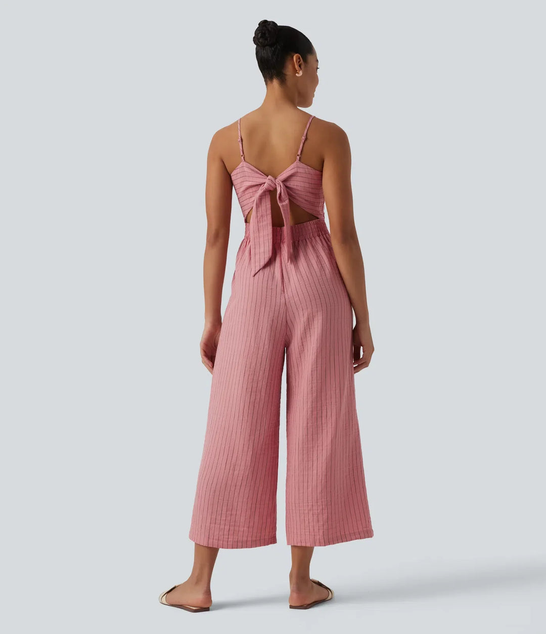 Tie Back Cut Out Stripe Linen-Feel Slip Jumpsuit with Pockets