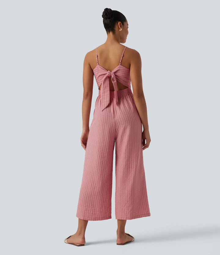Tie Back Cut Out Stripe Linen-Feel Slip Jumpsuit with Pockets